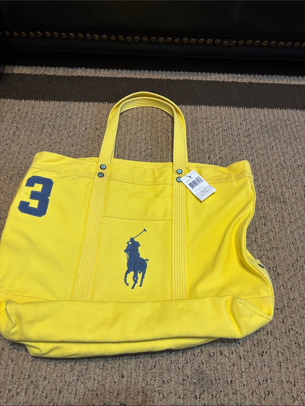 Polo by Ralph Lauren Yellow Canvas Tote with Navy Logo and Number 3